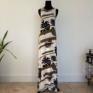 Vintage CHER brown pink white tropical printSleeveless Tropical Print Maxi Dress